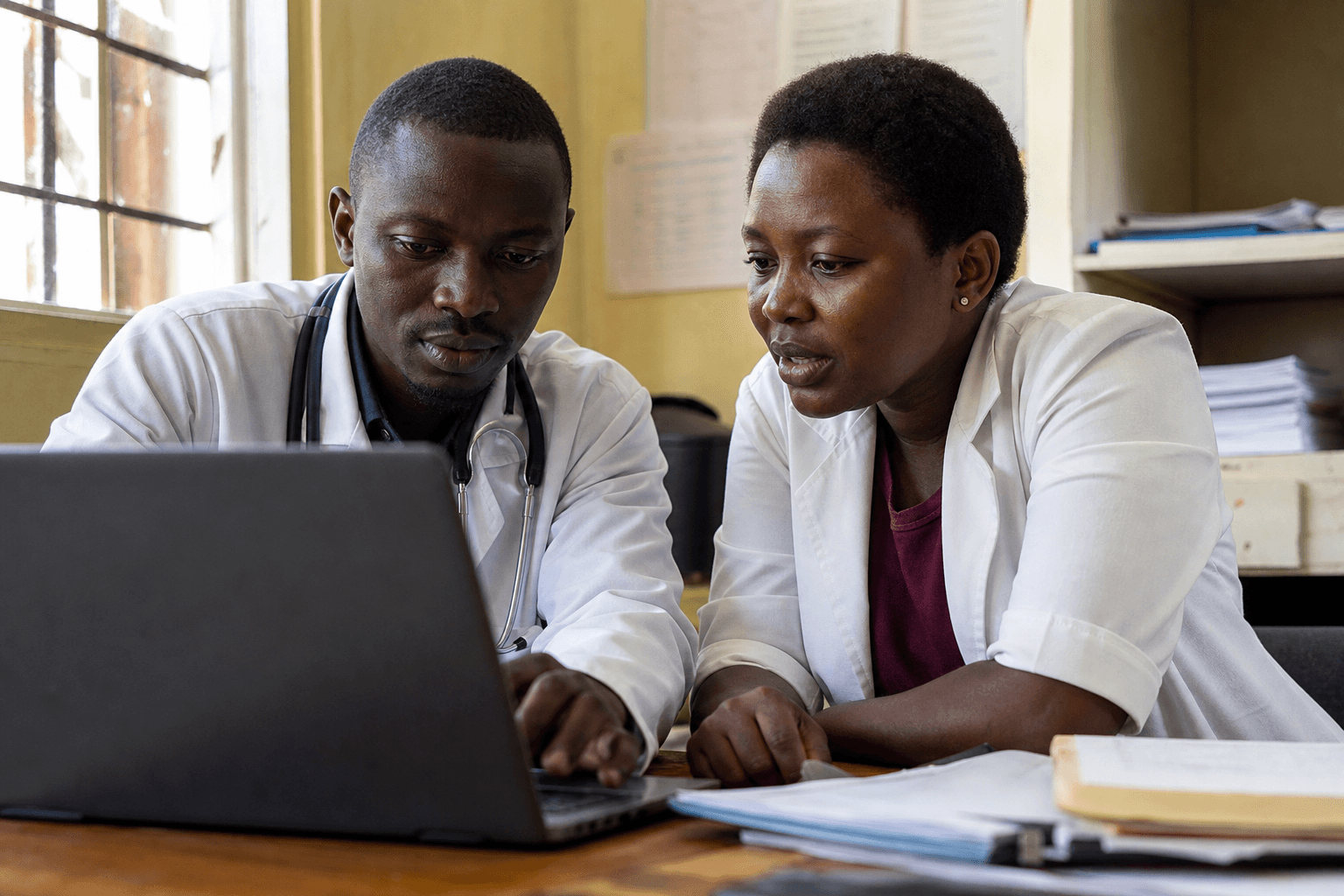 Clinicians reviewing patient work together at a clinic desk