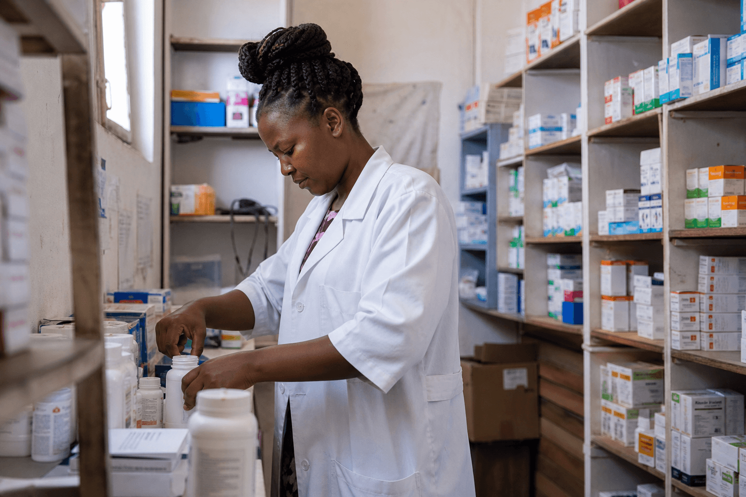 Pharmacist preparing medication in a clinic pharmacy