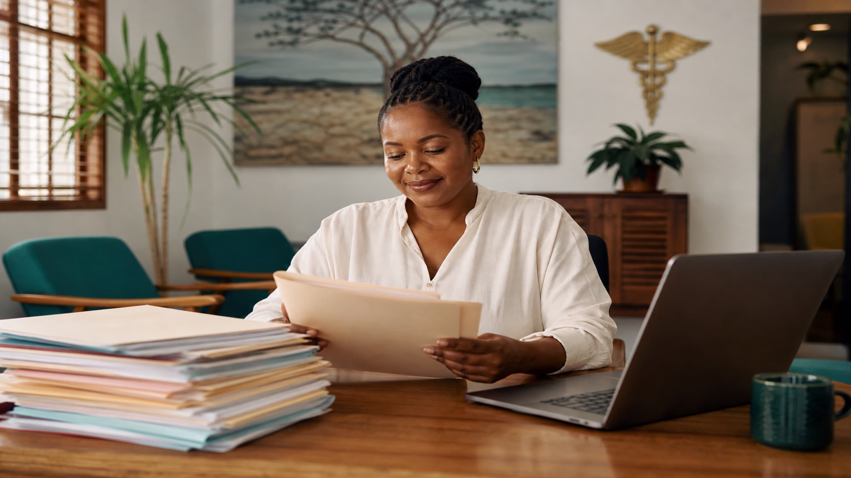 A clinic manager reviewing insurance claims