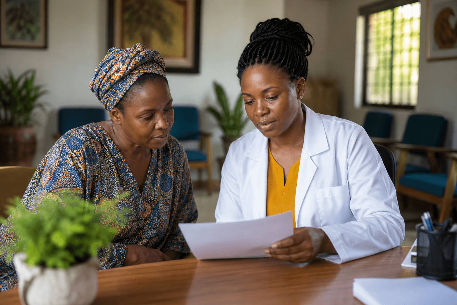 Nurse reviewing charts beside a clinic computer