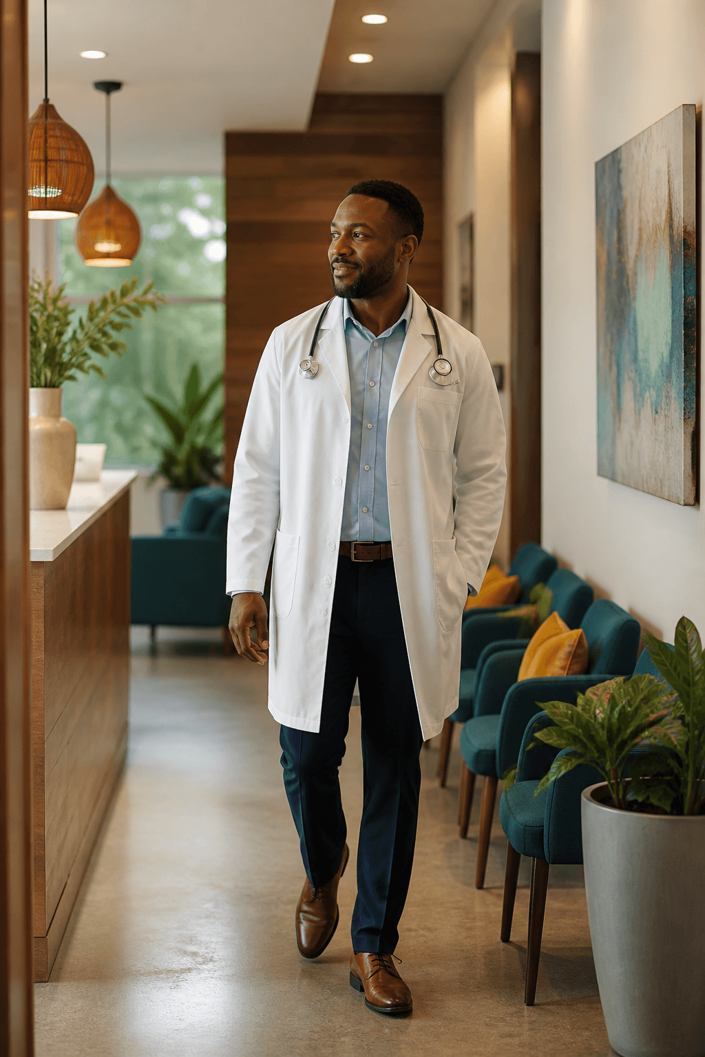 Clinician walking through a busy clinic corridor