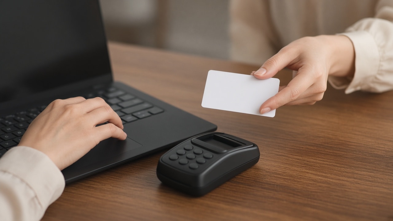 A clinic front desk taking a patient card payment
