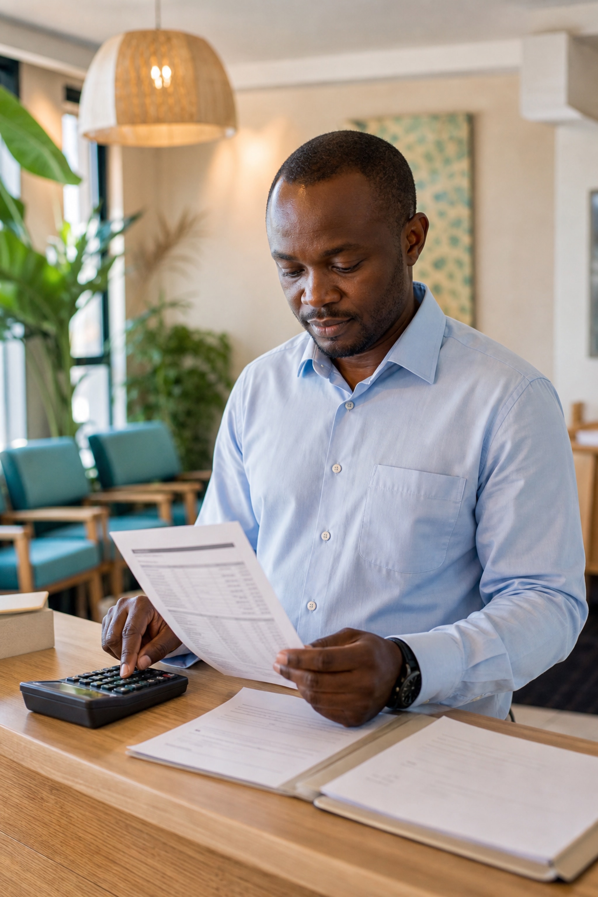 A clinic finance lead reviewing a revenue summary at the front desk